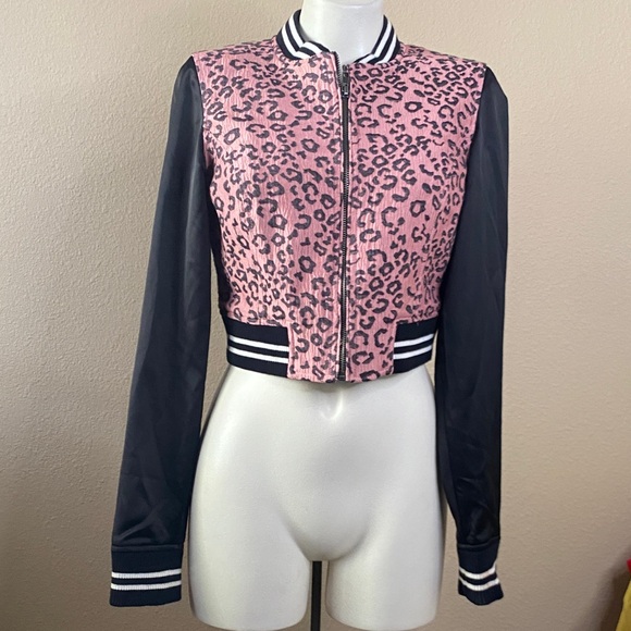 Aeropostale Pretty Little Liars pink leopard, black satin cropped bomber S💕💕 - Picture 3 of 11
